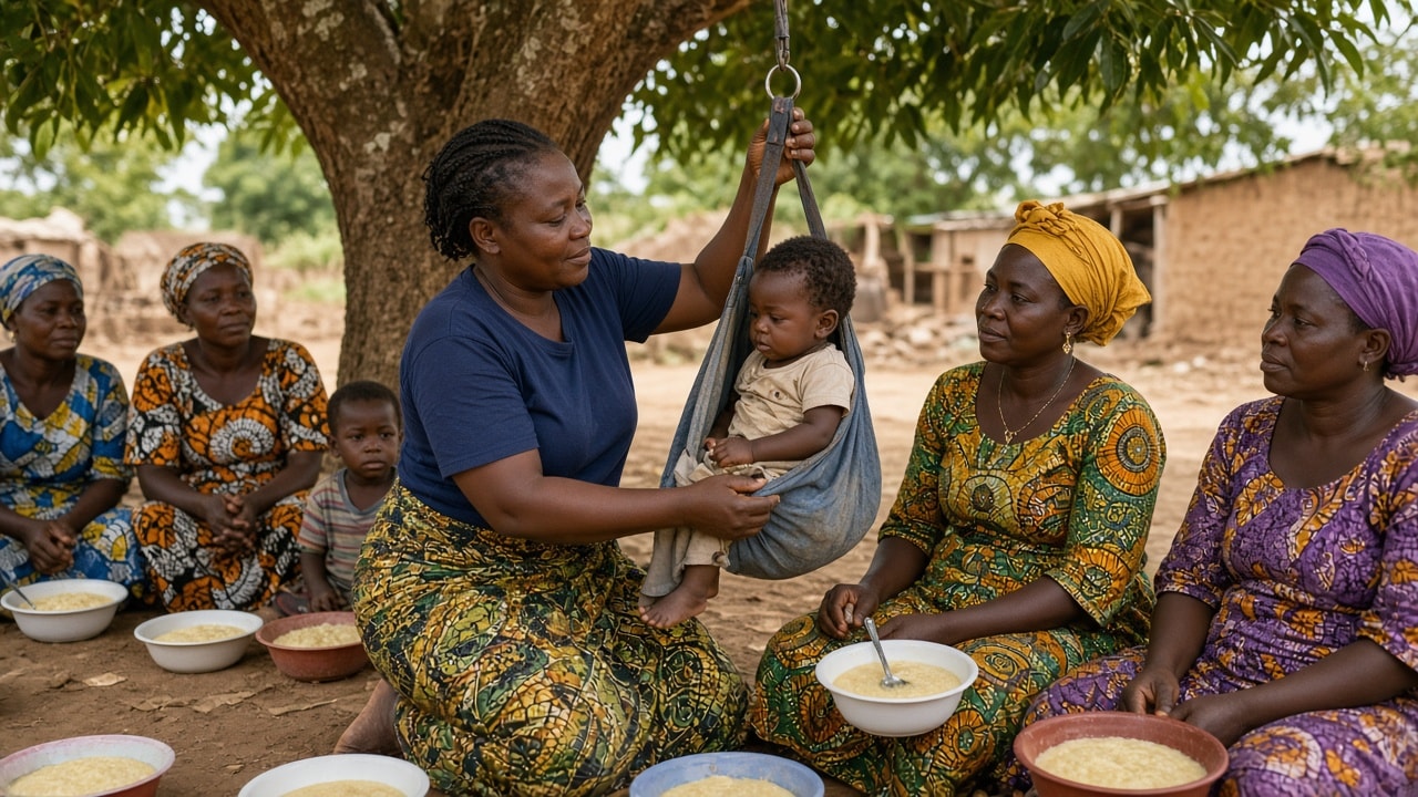 A community health volunteer weighing a child during a nutrition outreach in Ghana