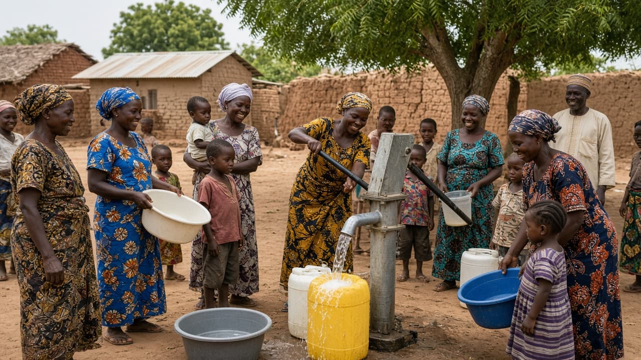 Neighbors collecting water from a new borehole in Tolon