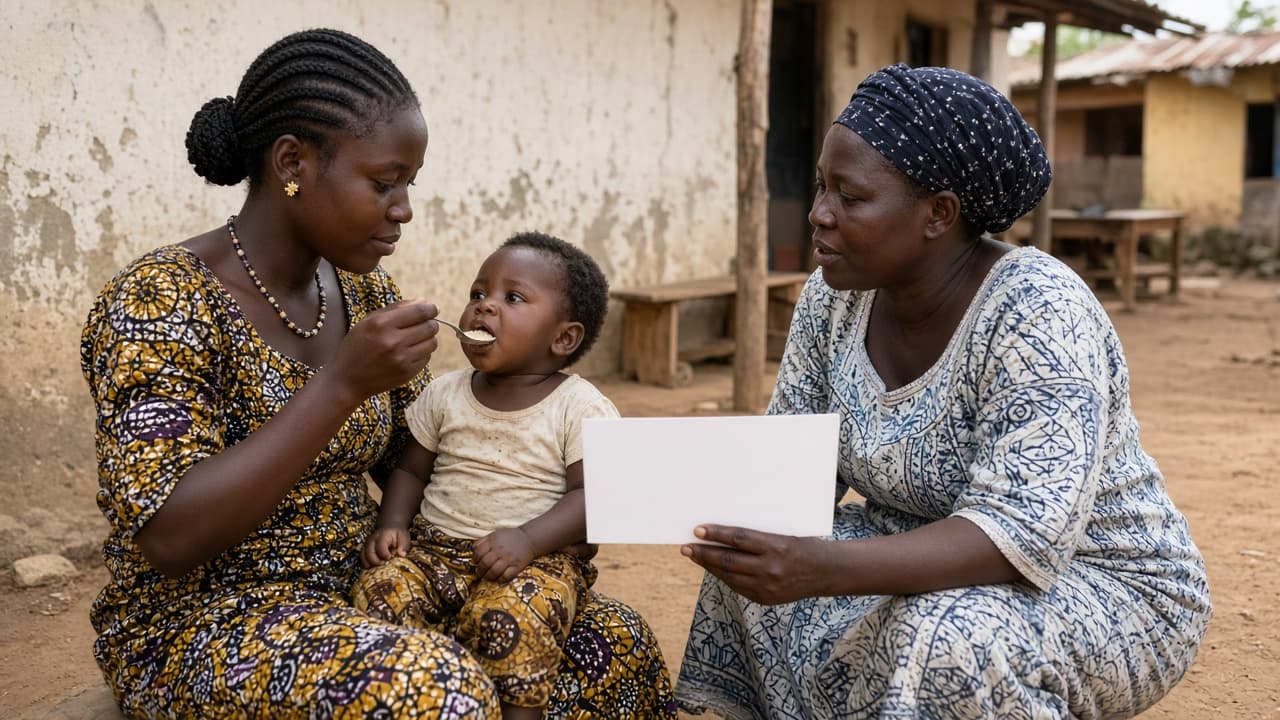 A caregiver and health worker at a child nutrition session in Wa