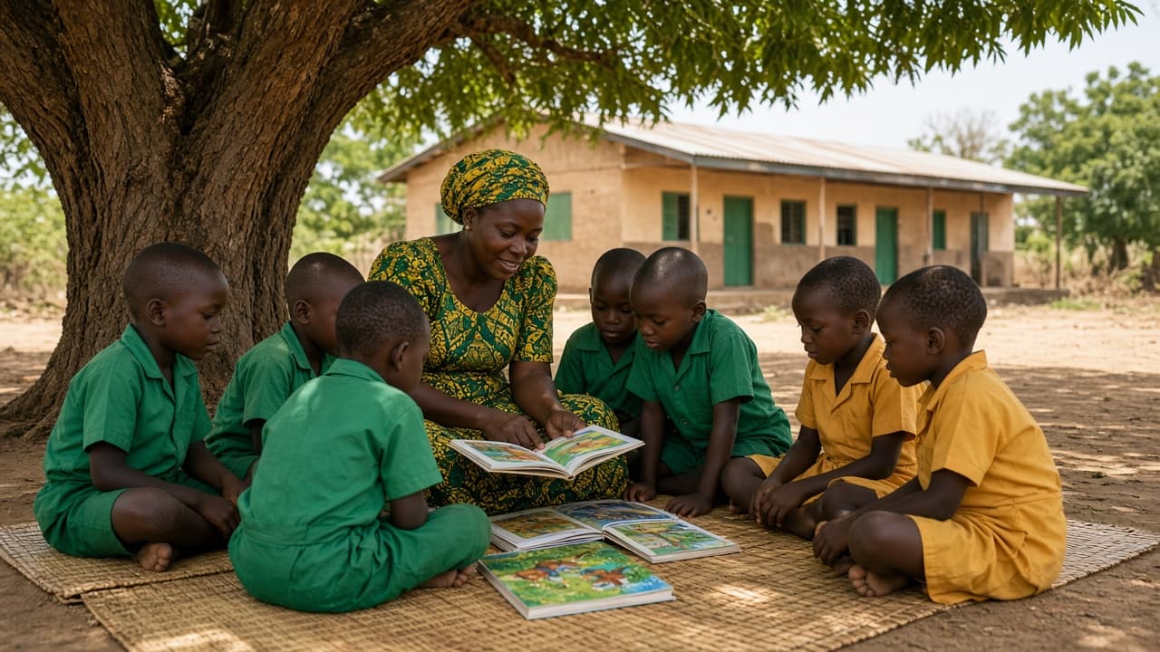 Primary pupils reading with a teacher under a tree in Bolgatanga